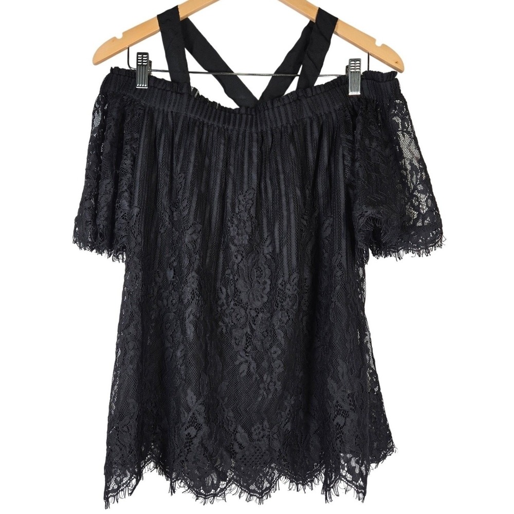 Chelsea 28 Black Lace Off Shoulder Crisscross Neck Ruffle Blouse‎ Top S